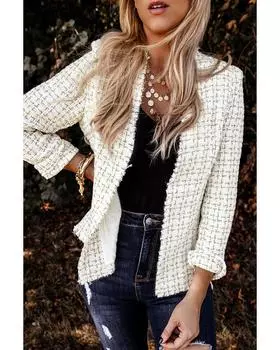 Azura Exchange Клетчатая куртка с бахромой и открытым передом XL белый