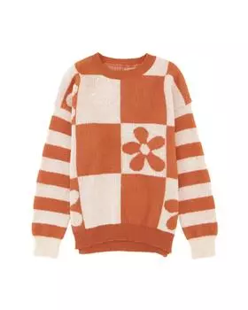 Azura Exchange Клетчатый цветочный принт, полосатый рукав свитера L коричневый