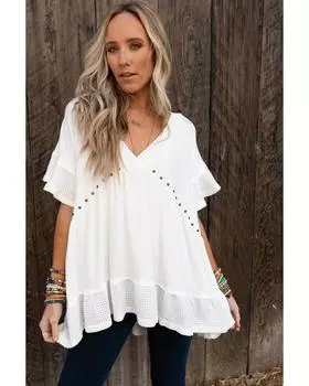 Azura Exchange Вязаная блузка с V-образным вырезом и заклепками L белый