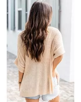 Azura Exchange Knitted Half Sleeve Top with Split Pocket L абрикосовый