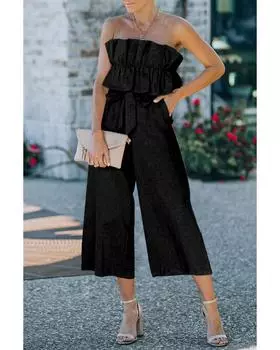 Azura Exchange Комбинезон без бретелек с широкими штанинами и оборками L чёрный