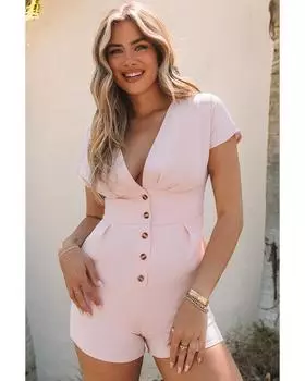 Azura Exchange Комбинезон с глубоким V-образным вырезом и застежкой на пуговицы и высокой талией M розовый