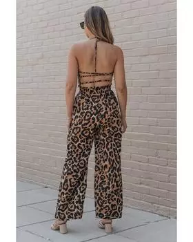Azura Exchange Комбинезон с широкими штанинами и открытой спиной L леопардовый