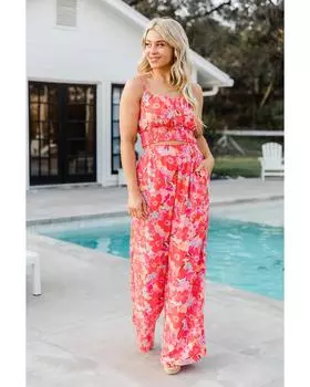 Azura Exchange Комплект из широких брюк без рукавов с цветочным принтом S красный