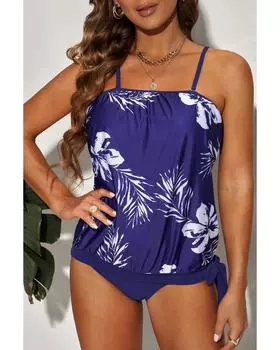 Azura Exchange Комплект танкини без бретелек с цветочным узором S синий