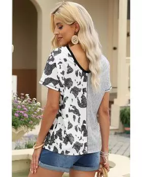 Azura Exchange Контрастная футболка с V-образным вырезом, полосками и принтом коровы M серый