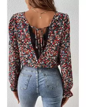 Azura Exchange Красная блузка с V-образным вырезом, кружевными нашивками, завязками, оборками и цветочным принтом на рукавах L красный