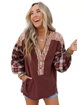 Azura Exchange Красный цветочный клетчатый смешанный принт с рукавами епископа и пэчворком S красный