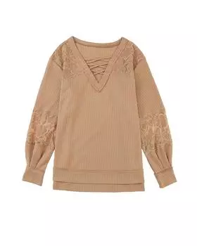 Azura Exchange Кружевной вафельный пэчворк с бретельками и V-образным вырезом с длинными рукавами L абрикосовый