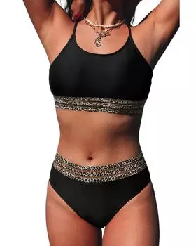 Azura Exchange Купальник бикини с леопардовой сетчатой отделкой L чёрный