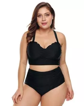 Azura Exchange Купальник бикини с высокой талией и фестончатыми деталями 3XL чёрный