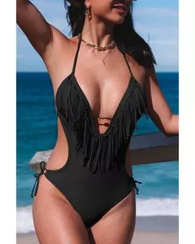 Azura Exchange Купальники с открытой спиной и бретельками через шею с кисточками S чёрный