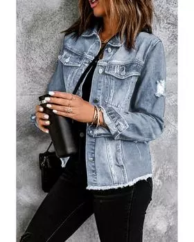 Azura Exchange Куртка из потертого денима с необработанным краем и лацканами L небесно-голубой