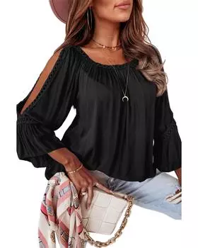 Azura Exchange Lace Crochet Cut-Out Ruffle Blouse S чёрный