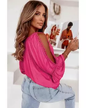 Azura Exchange Lace Crochet Cut-Out Ruffle Blouse M ярко-розовый