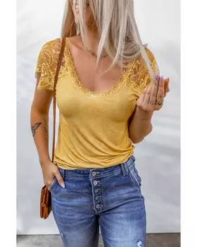 Azura Exchange Футболка с коротким рукавом, кружево, вязанное крючком M жёлтый