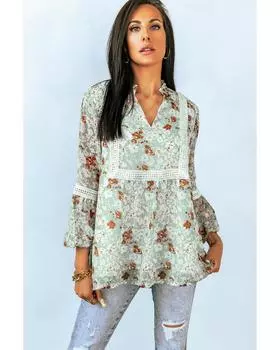 Azura Exchange Lace Crochet Trim Blouse with Floral Print M зелёный