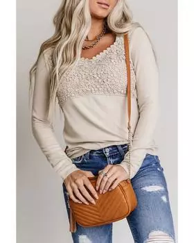 Azura Exchange Кружевной топ с V-образным вырезом и длинными рукавами, связанный крючком 2XL бежевый