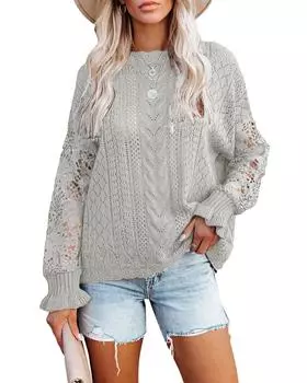 Azura Exchange Свитер с кружевной вязкой XL серый