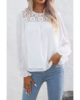 Azura Exchange Lace Patch Sheer Flounce Sleeve Blouse XL белый