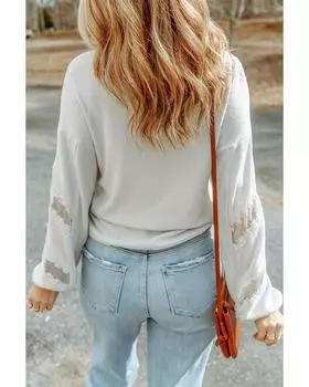 Azura Exchange Lace Patchwork Drop Sleeve Ribbed Top S белый