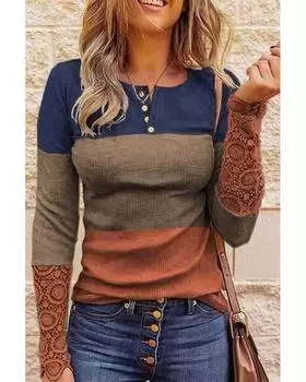 Топ Azura Exchange с длинными рукавами и кружевом в цветовых блоках 2XL синий