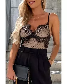 Azura Exchange Боди в горошек с кружевной отделкой M чёрный