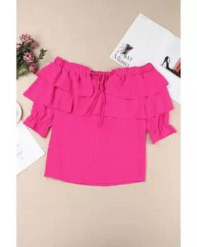 Azura Exchange Lace Up Off Shoulder Ruffle Tiered Blouse S ярко-розовый
