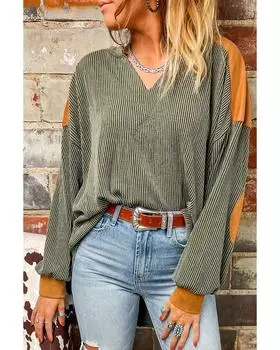 Azura Exchange Laurel Green Contrast Patchwork V Neck Corded Top XL лорел зеленый