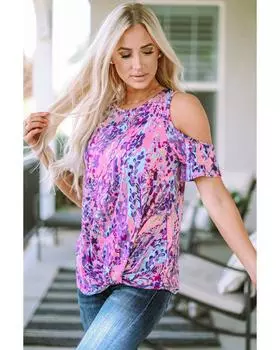 Azura Exchange Lavender Floral Print Cold Shoulder Blouse S разноцветный