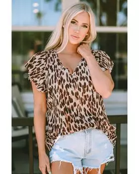 Azura Exchange Leopard/Abstract Print V Neck Top with Flutter Sleeves M коричневый