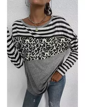 Azura Exchange Leopard Block Splicing Long Sleeve Top S серый