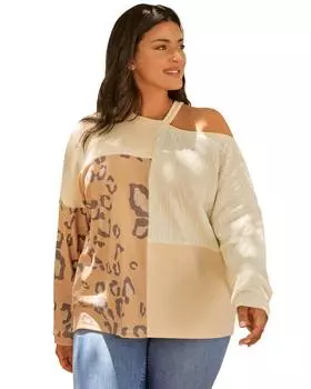Azura Exchange Leopard Cable Knit Patchwork Cutout Plus Top 3X разноцветный
