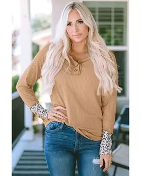 Azura Exchange Leopard Cuffs Ribbed Henley Top M коричневый