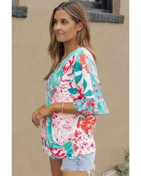 Azura Exchange Блузка с леопардовым цветочным принтом и оборками на рукавах M разноцветный