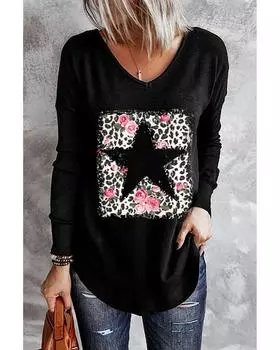 Azura Exchange Leopard Floral Star Print V Neck Top M чёрный