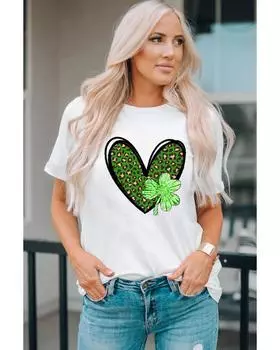 Azura Exchange Leopard Heart Shaped Print Crewneck Graphic Tee S белый