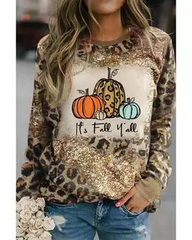 Azura Exchange Leopard Its Fall Yall Pumpkins Print Long Sleeve Top M леопардовый