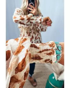 Azura Exchange Leopard Jacquard Puff Sleeve Peplum Blouse M леопардовый