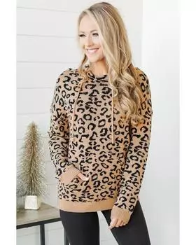 Azura Exchange Leopard Knitted Drawstring Hooded Sweater M хаки