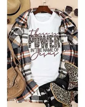 Azura Exchange Leopard Letter Graphic Tee with the Power of Jesus L белый