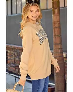 Azura Exchange Leopard Letter Print Oversized Pullover Sweatshirt S хаки