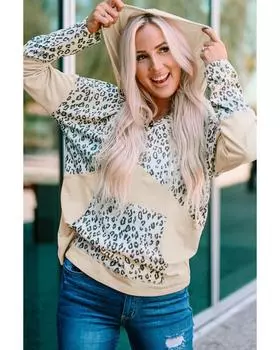 Azura Exchange Leopard Patchwork Hooded Sweatshirt with Pocket L абрикосовый