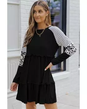 Azura Exchange Мини-платье с длинными рукавами в стиле леопардового пэчворка L чёрный