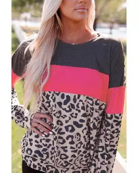 Azura Exchange Leopard Patchwork Puff Sleeve Top M леопардовый