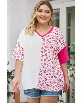 Azura Exchange Leopard Patchwork Short Sleeve Top 3X ярко-розовый