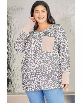 Azura Exchange Leopard Patchwork Waffle Knit Long Sleeve Henley Top 2X леопардовый