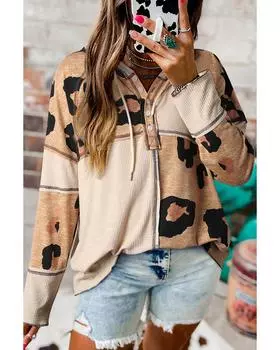 Azura Exchange Leopard Print Exposed Seam Ribbed Patchwork Long Sleeve Top M цветной печати леопарда