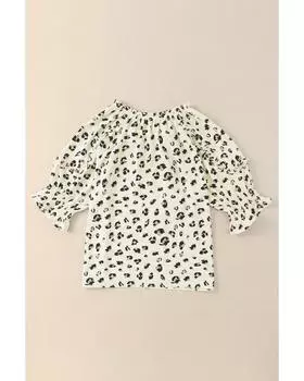 Azura Exchange Блузка с леопардовым принтом, оборками и короткими рукавами, с завязкой-кисточкой M бежевый