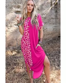 Azura Exchange Платье-футболка с леопардовым принтом и разрезами S ярко-розовый